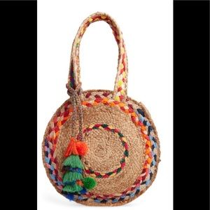 Steve Madden woven circle tote w pompoms